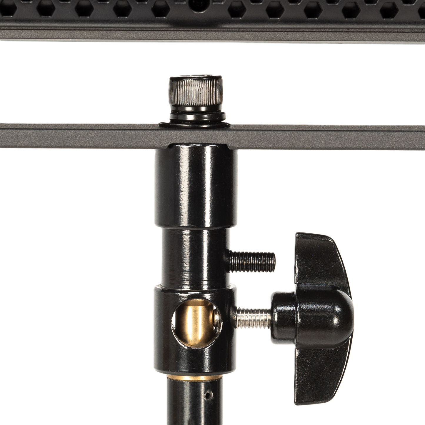 iKan Lyra Low Profile Daylight Studio Panel Soft LED Light w/ DMX Control Close-up of a metal camera mount with a white background