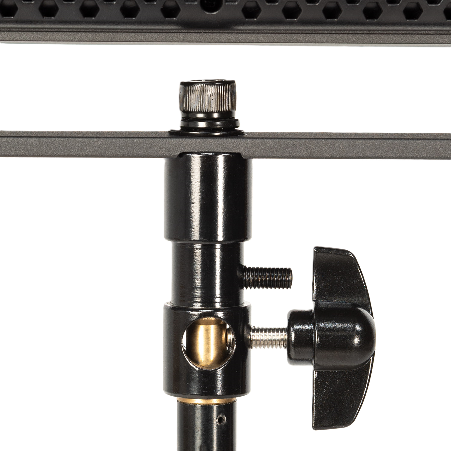 iKan Lyra Low Profile Daylight Studio Panel Soft LED Light w/ DMX Control Close-up of a metal camera mount with a white background