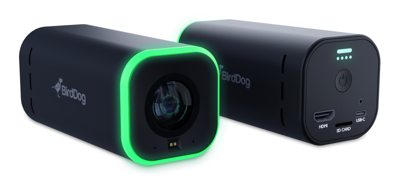 Two black and green BirdDog camera devices on a white background