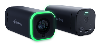 Two black and green BirdDog camera devices on a white background