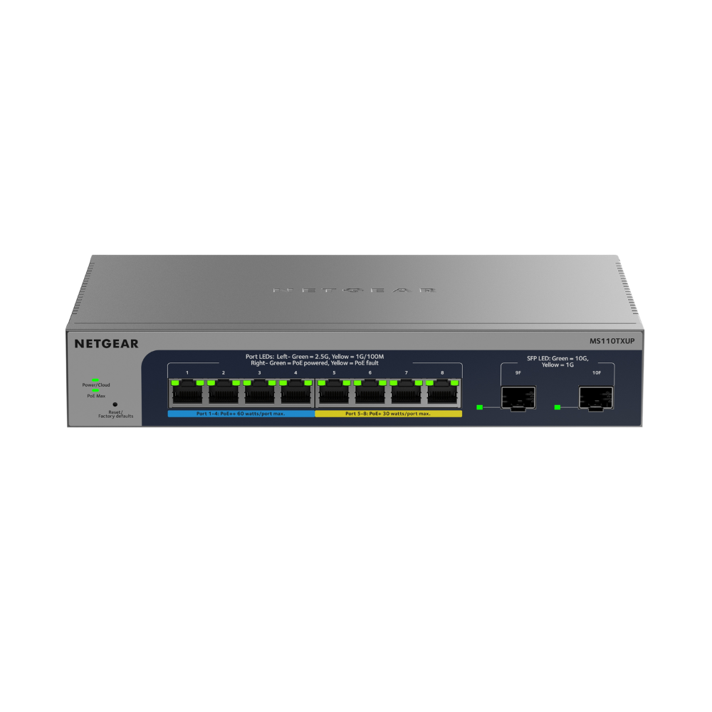 NETGEAR MS110TXUP 8-Port Ultra60 PoE++ Multi-Gigabit Smart Managed Switch with 2 10G SFP+ Ports
