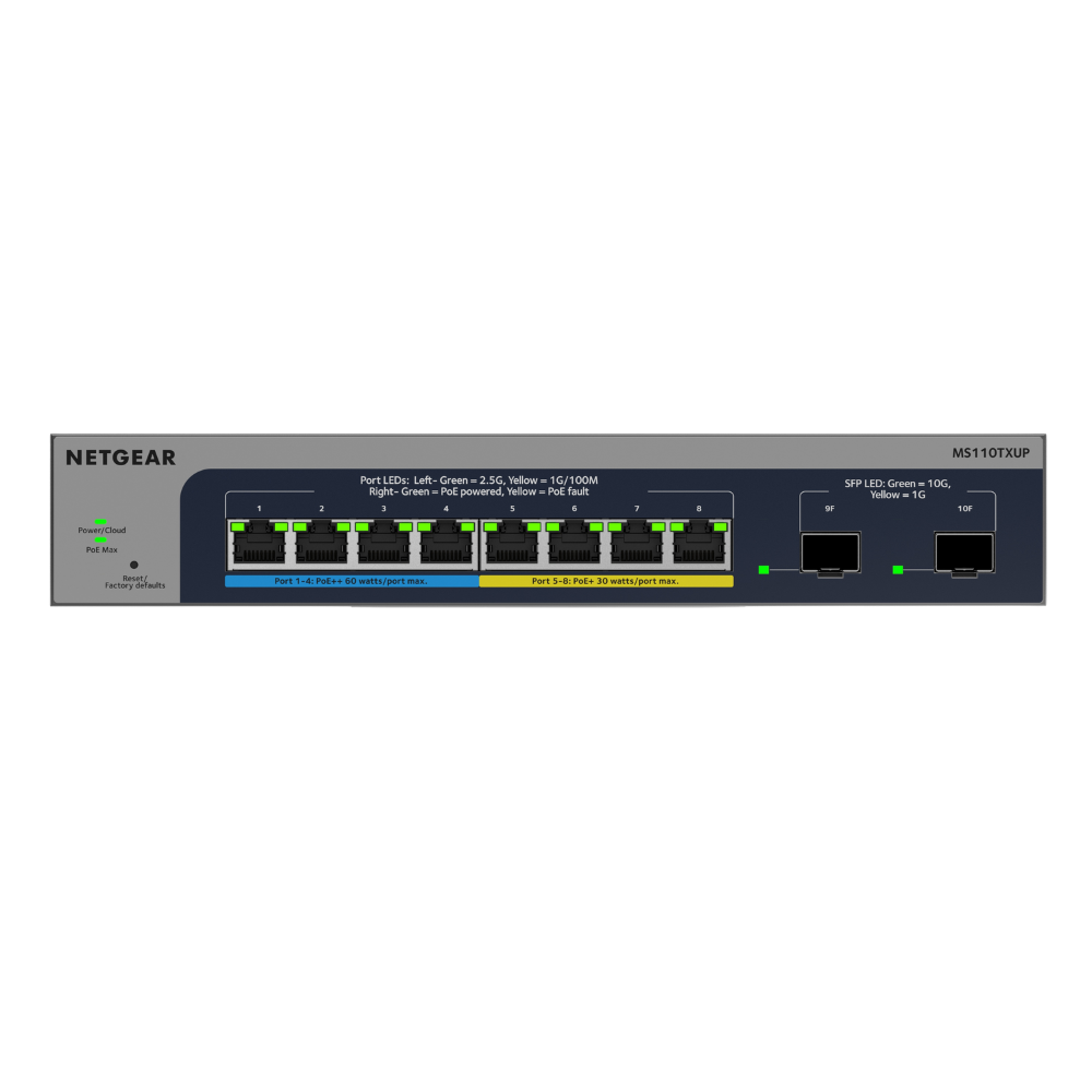 NETGEAR MS110TXUP 8-Port Ultra60 PoE++ Multi-Gigabit Smart Managed Switch with 2 10G SFP+ Ports