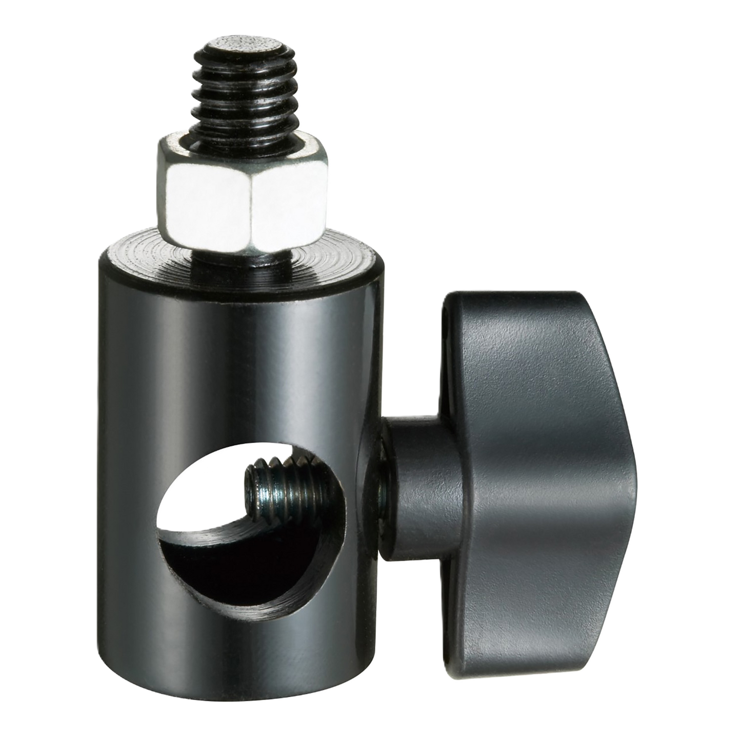 Metal hardware component with threaded shaft and adjustable collar on a white background