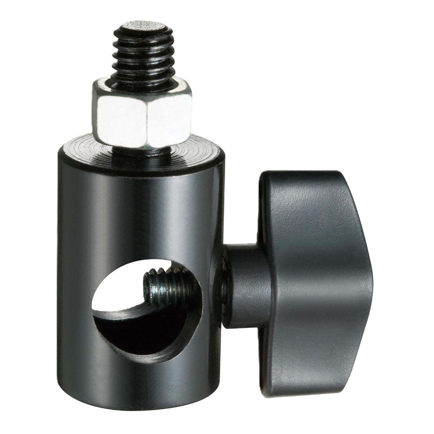 Metal hardware component with threaded shaft and adjustable collar on a white background