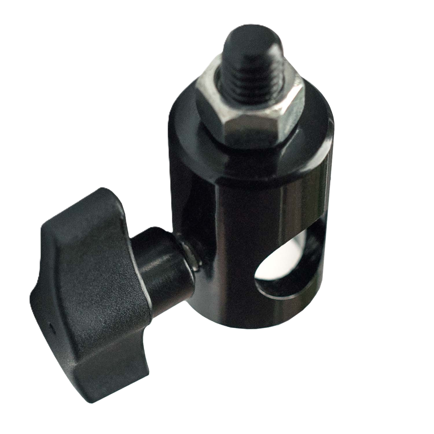 Black metal clamp with adjustable knob on a white background