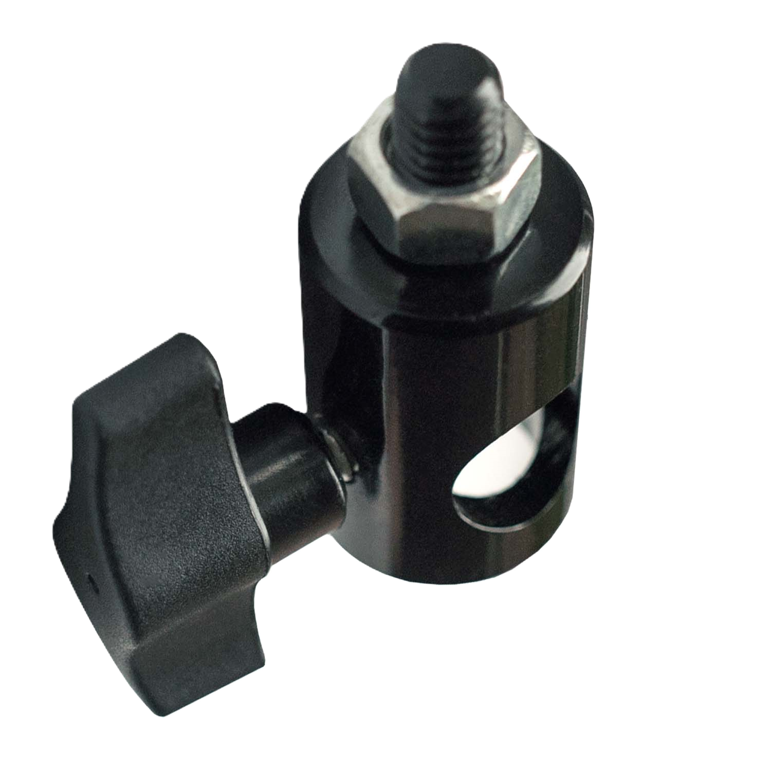 Black metal clamp with adjustable knob on a white background