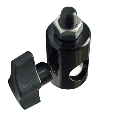 Black metal clamp with adjustable knob on a white background