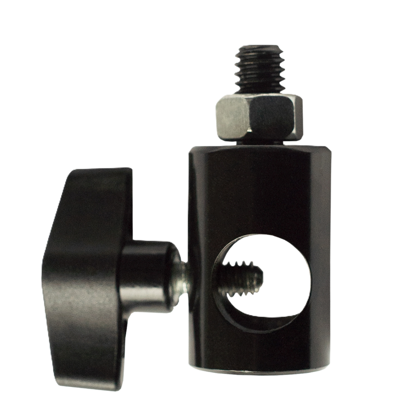 Black metal clamp with adjustable wing nut on a white background
