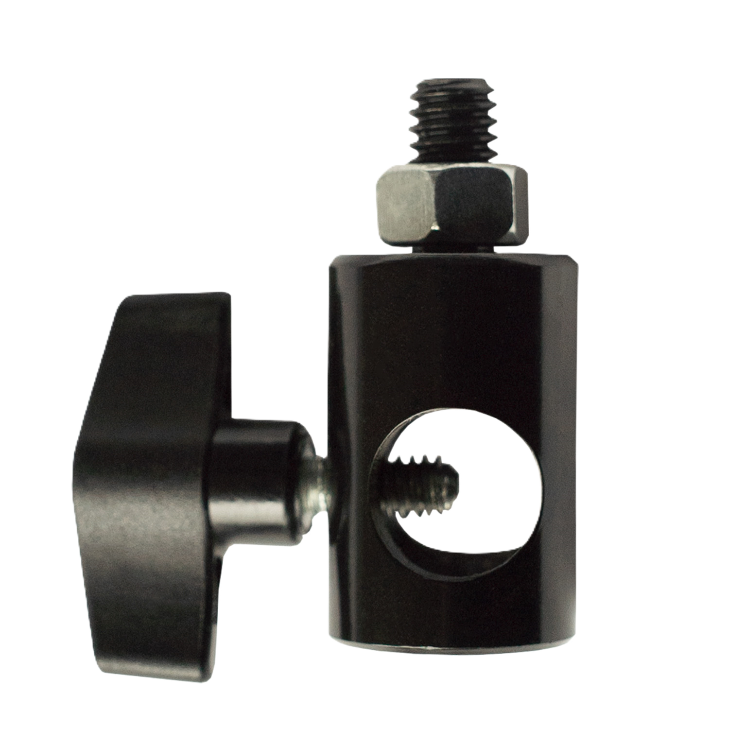 Black metal clamp with adjustable wing nut on a white background