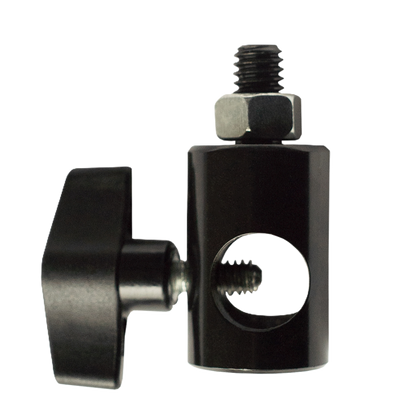 Black metal clamp with adjustable wing nut on a white background
