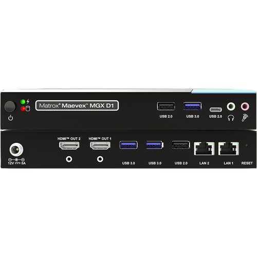Matrox Maevex MGX D1 multi-port display adapter showing the rear panel with various USB, HDMI, audio, and Ethernet ports on a white background.