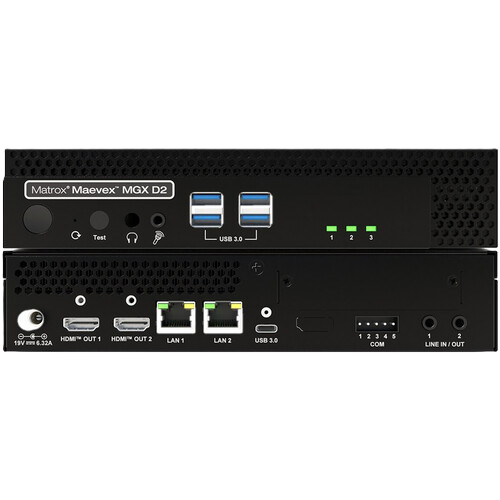 Front and back views of a Matrox Maevex MGX-D2 digital audio interface rack on a white background.
