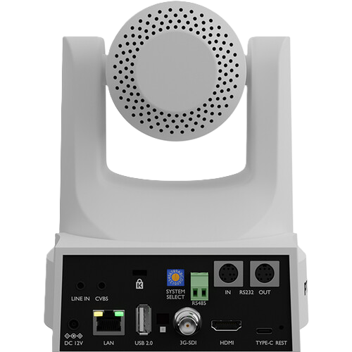 PTZOptics Move SE SDI/HDMI/USB/IP PTZ Camera with Optical Zoom Electronic device with a speaker and various ports on a white background Inputs Ports