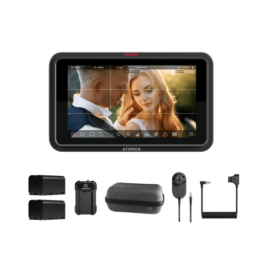 ATOMOS Ninja TX GO video monitor with accessories on a green background