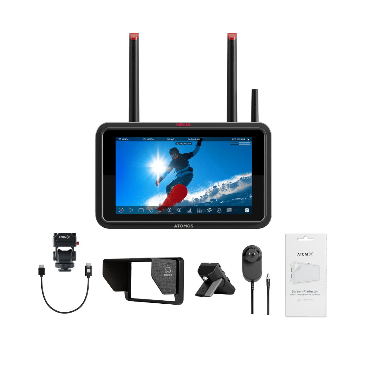 ATOMOS monitor with accessories on a black background