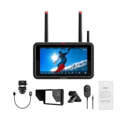 ATOMOS monitor with accessories on a black background