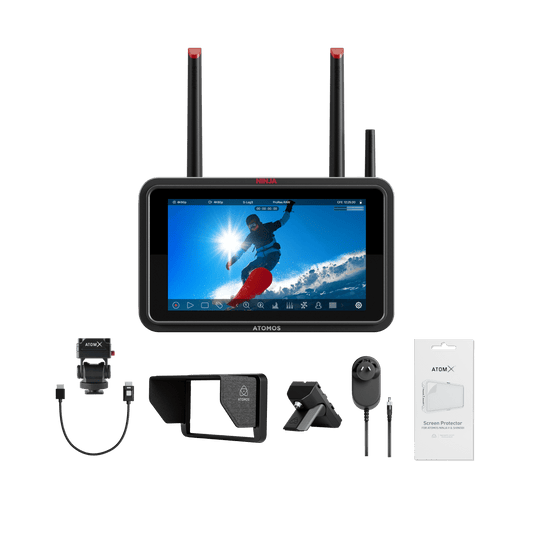 ATOMOS monitor with accessories on a black background