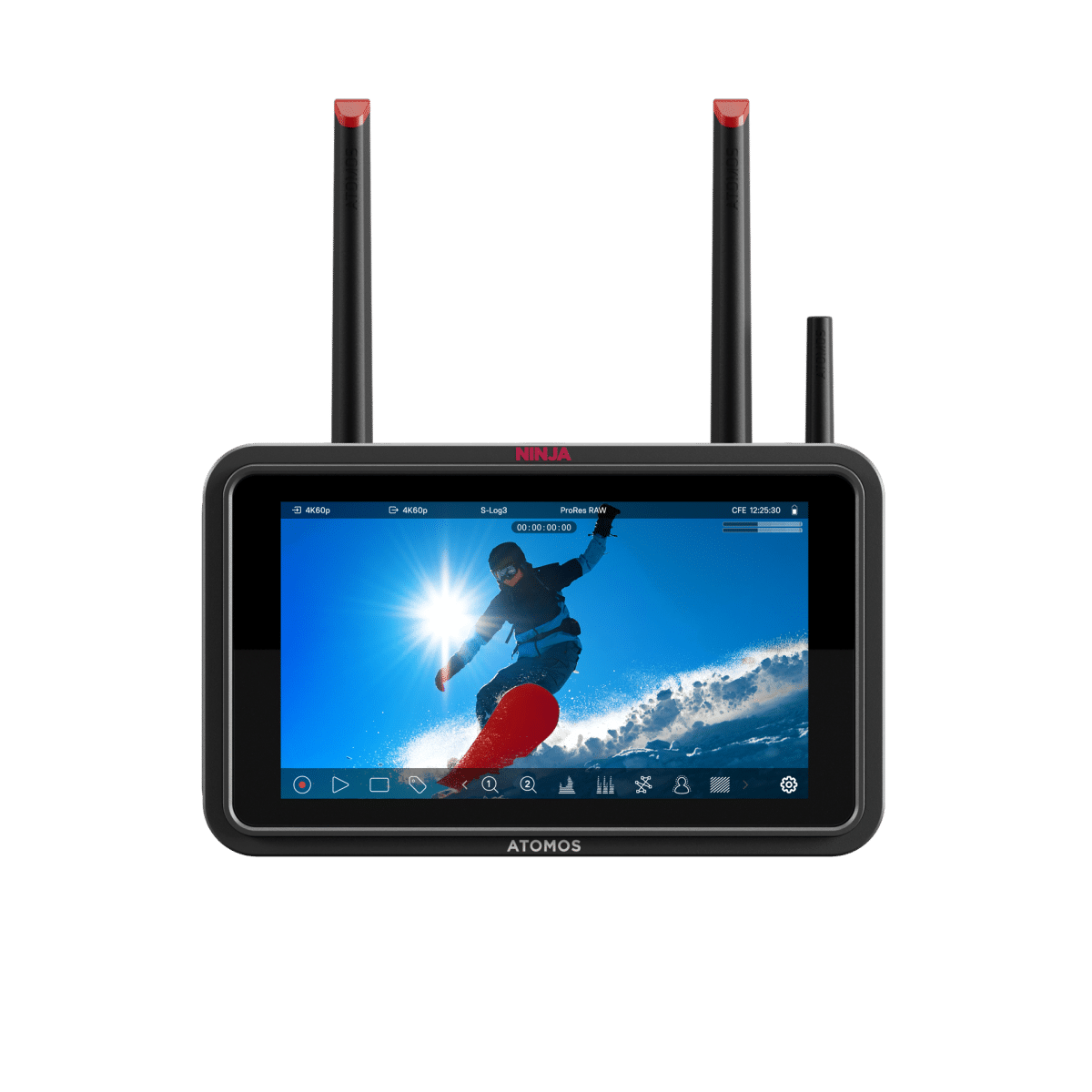 ATOMOS Ninja TX monitor with screen displaying a person on a surfboard against a blue sky, with two antennas on a black background.