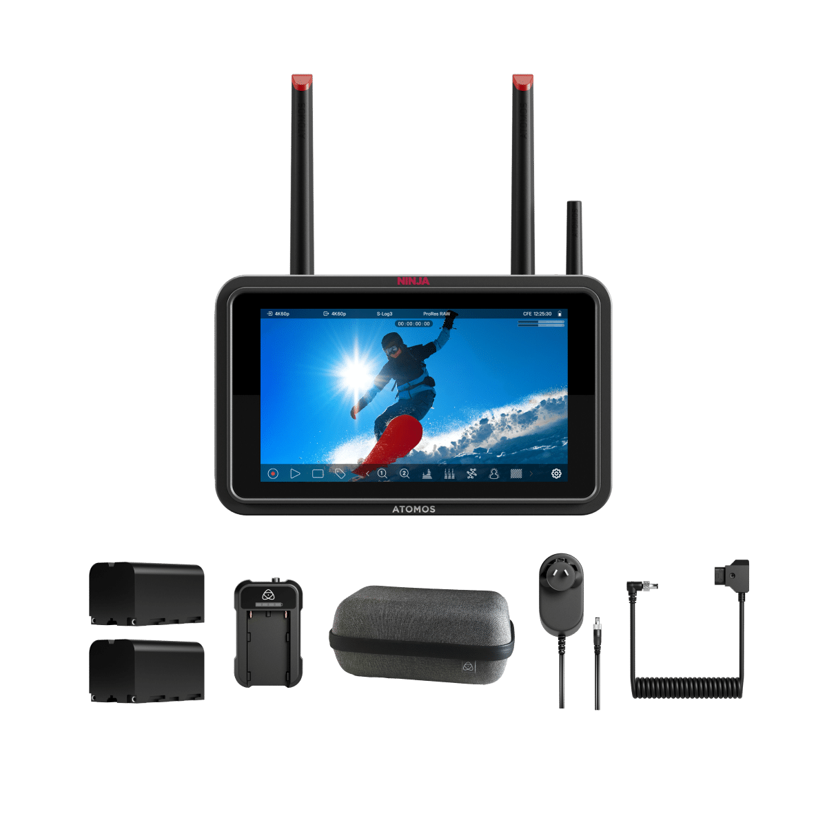 ATOMOS Ninja TX video monitor with accessories on a transparent background