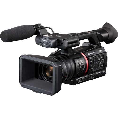 Professional video camera with microphone on a white background
