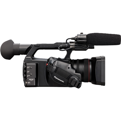 Black video camera with microphone on a white background