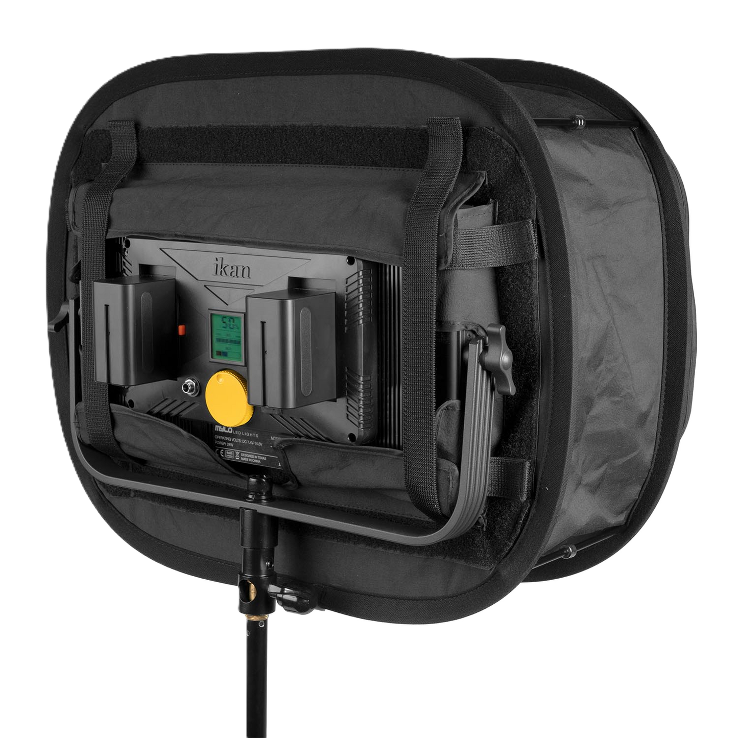 Black softbox with ikan branding on a white background