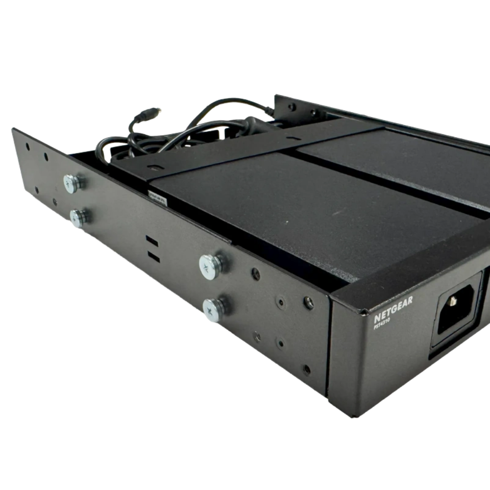 A black metal mounting bracket or enclosure component with visible screws, cables, and a power connector, photographed on a plain white background. The brand name NETGEAR is printed on the side.