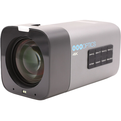 Camera lens with 'PTZOptics' branding on a white background