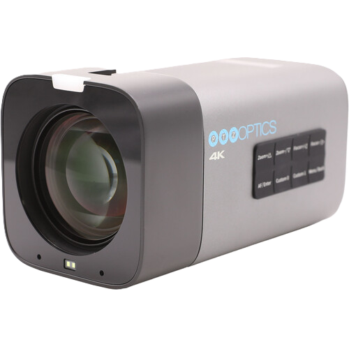 Camera lens with 'PTZOptics' branding on a white background