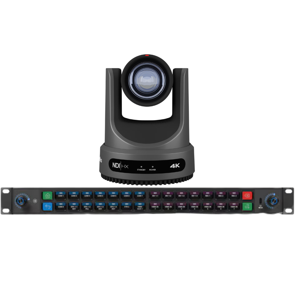 PTZOptics Move 4K portable video camera shown above a matching Elgato Stream Deck Studio multi-channel audio/video rack controller on a plain white background.