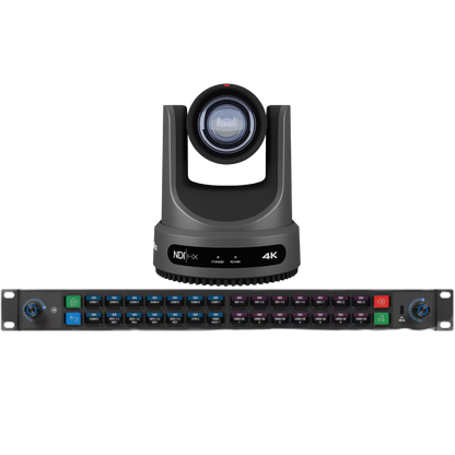 PTZOptics Move 4K portable video camera shown above a matching Elgato Stream Deck Studio multi-channel audio/video rack controller on a plain white background.