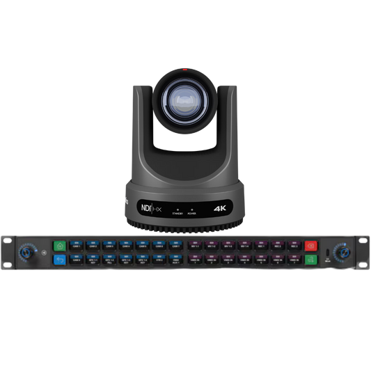 PTZOptics Move 4K portable video camera shown above a matching Elgato Stream Deck Studio multi-channel audio/video rack controller on a plain white background.