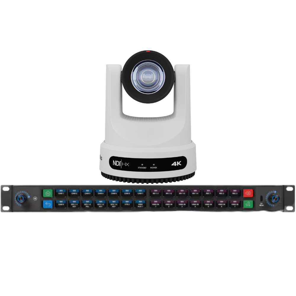 A PTZOptics 4K PTZ video camera shown above a matching Elgato Stream Deck Studio rack controller with multiple colored input/output buttons, isolated on a white background.