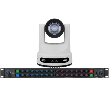 A PTZOptics 4K PTZ video camera shown above a matching Elgato Stream Deck Studio rack controller with multiple colored input/output buttons, isolated on a white background.