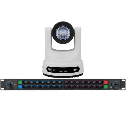A PTZOptics 4K PTZ video camera shown above a matching Elgato Stream Deck Studio rack controller with multiple colored input/output buttons, isolated on a white background.