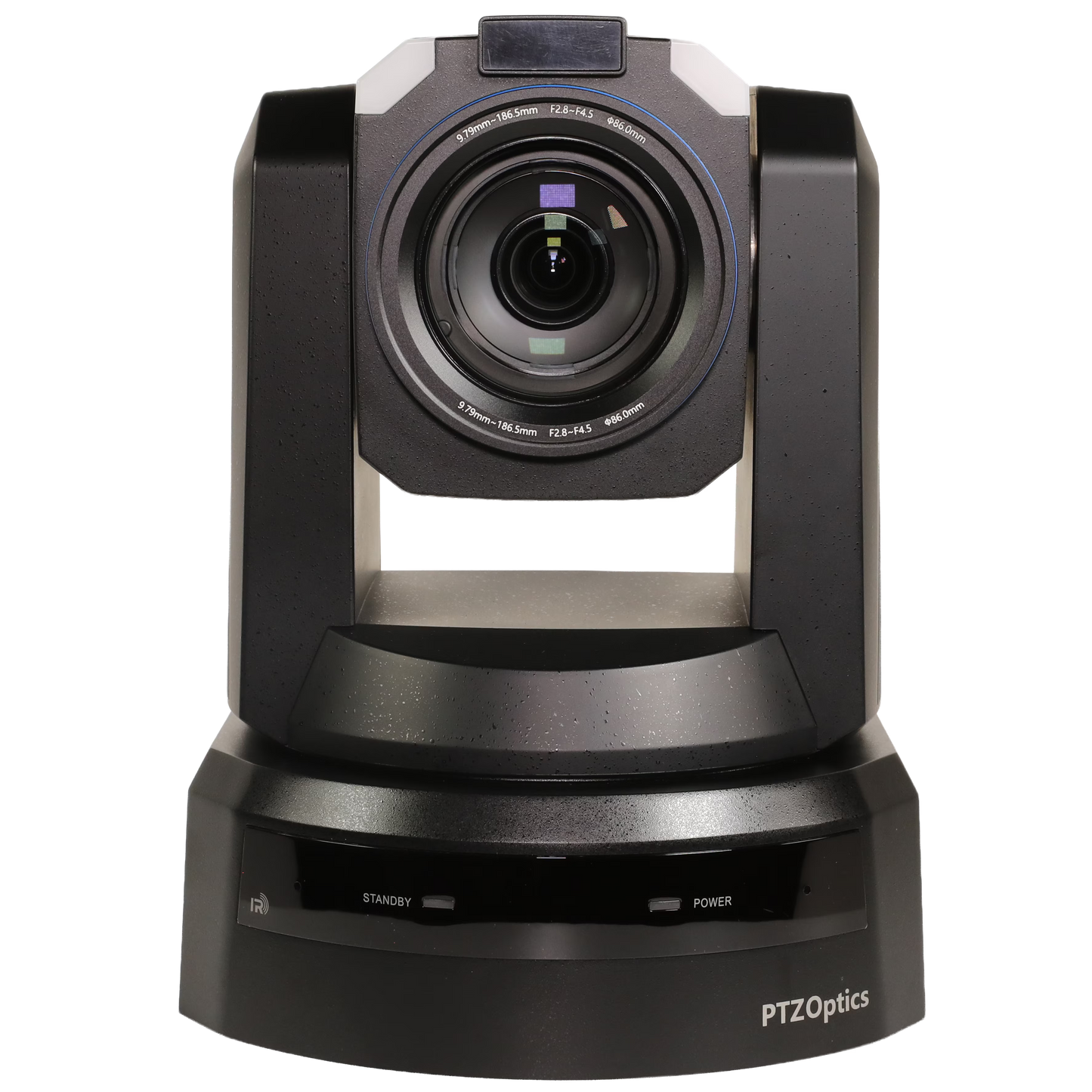 PTZOptics conference PTZ 4K camera with a black and gray rotating head and a large front lens, shown on a white background.