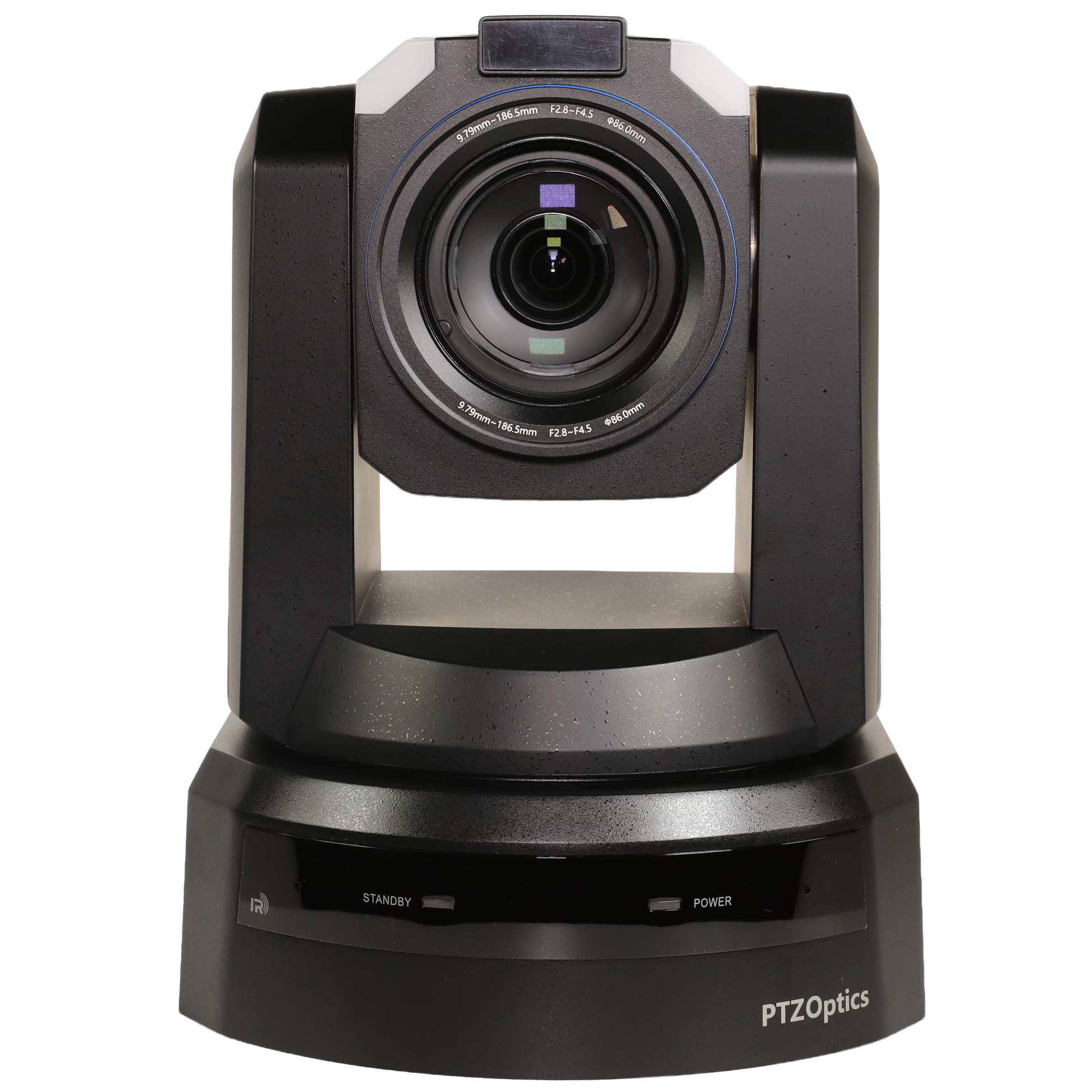 PTZOptics conference PTZ 4K camera with a black and gray rotating head and a large front lens, shown on a white background.