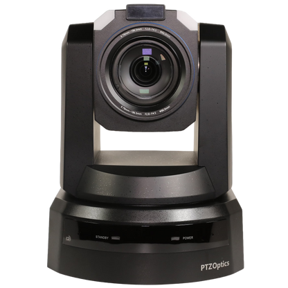 PTZOptics conference PTZ 4K camera with a black and gray rotating head and a large front lens, shown on a white background.