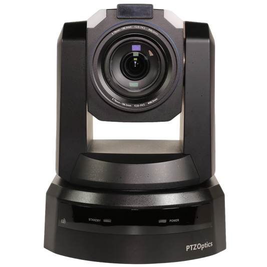 PTZOptics conference PTZ 4K camera with a black and gray rotating head and a large front lens, shown on a white background.