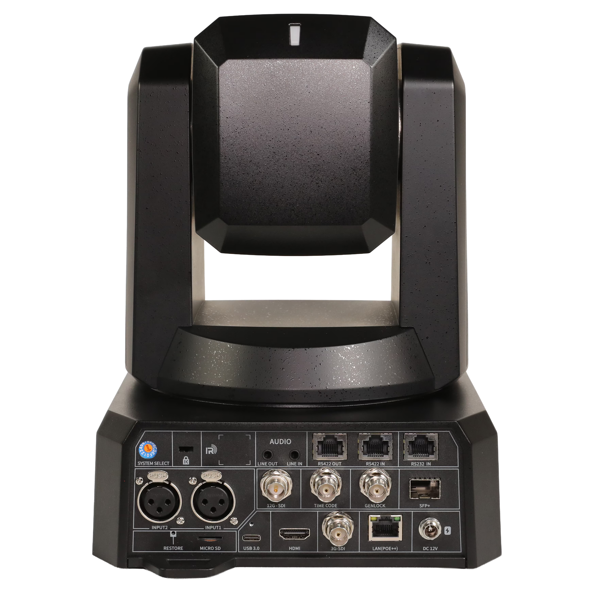 A black professional PTZ 4K video conference with a rotating head and a base featuring multiple input and output ports, shown from a front-facing angle on a white background.