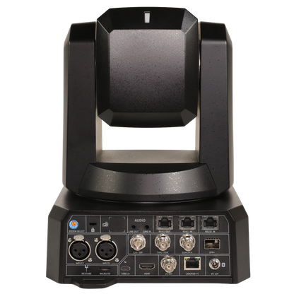 A black professional PTZ 4K video conference with a rotating head and a base featuring multiple input and output ports, shown from a front-facing angle on a white background.