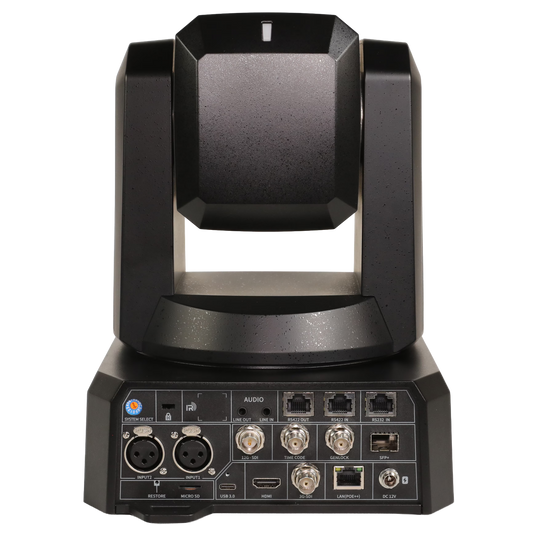 A black professional PTZ 4K video conference with a rotating head and a base featuring multiple input and output ports, shown from a front-facing angle on a white background.
