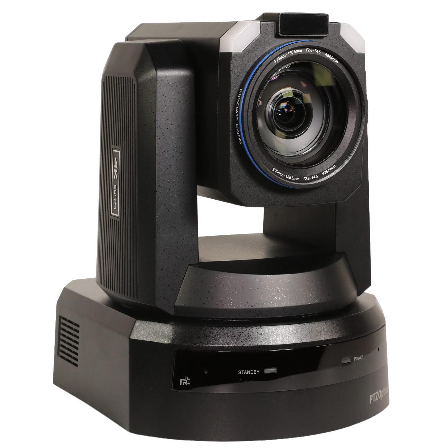 A black 4K PTZ security camera on a matching rotating base, shown from a three-quarters angle against a solid white background.