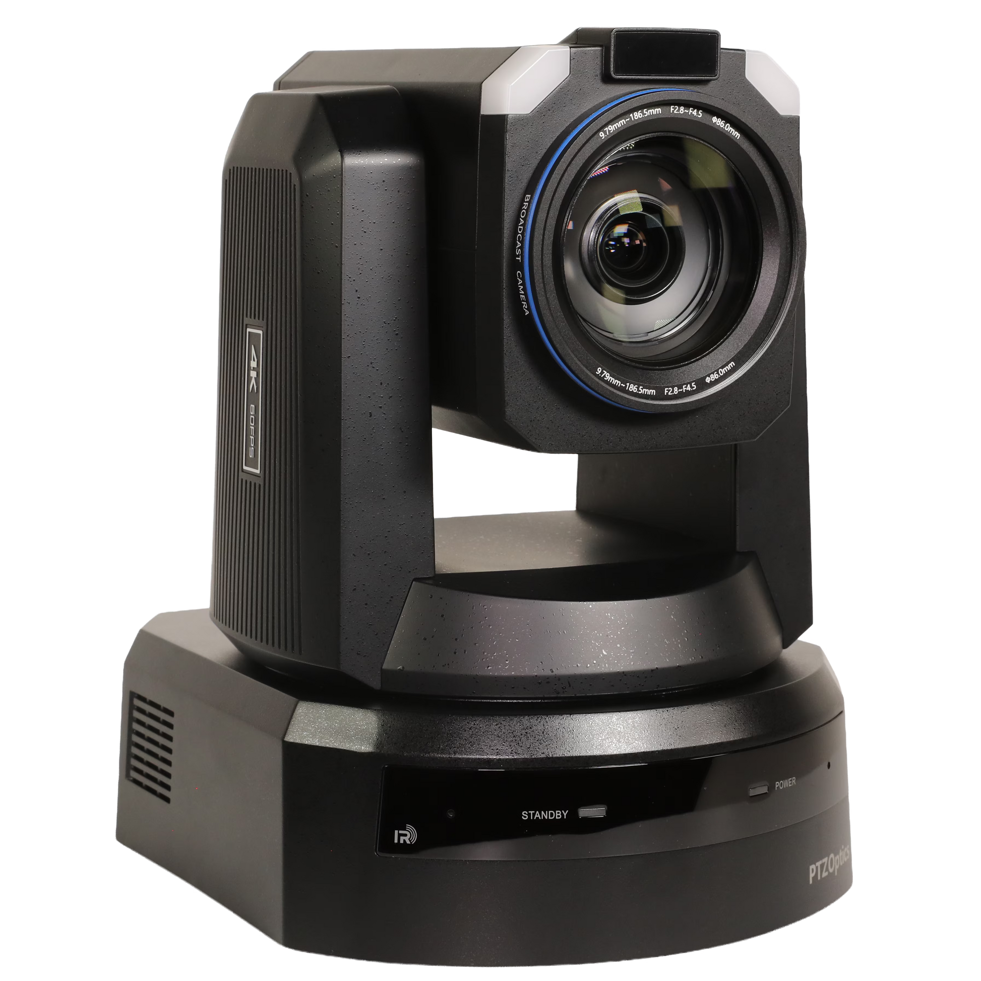 A black 4K PTZ security camera on a matching rotating base, shown from a three-quarters angle against a solid white background.