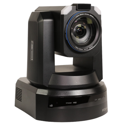 A black 4K PTZ security camera on a matching rotating base, shown from a three-quarters angle against a solid white background.