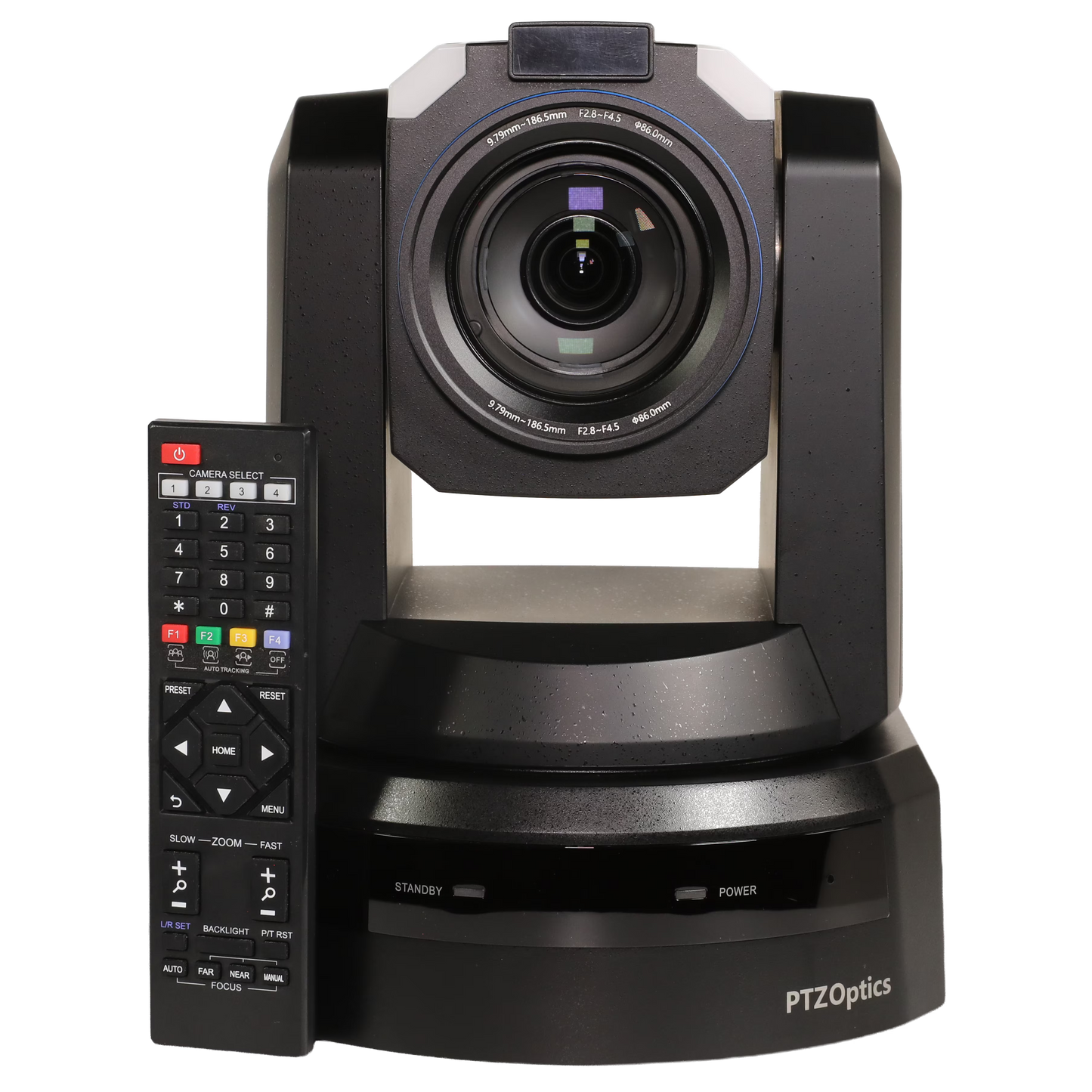 PTZOptics video conference camera with a large front lens, black housing, and a matching remote control on a plain white background.