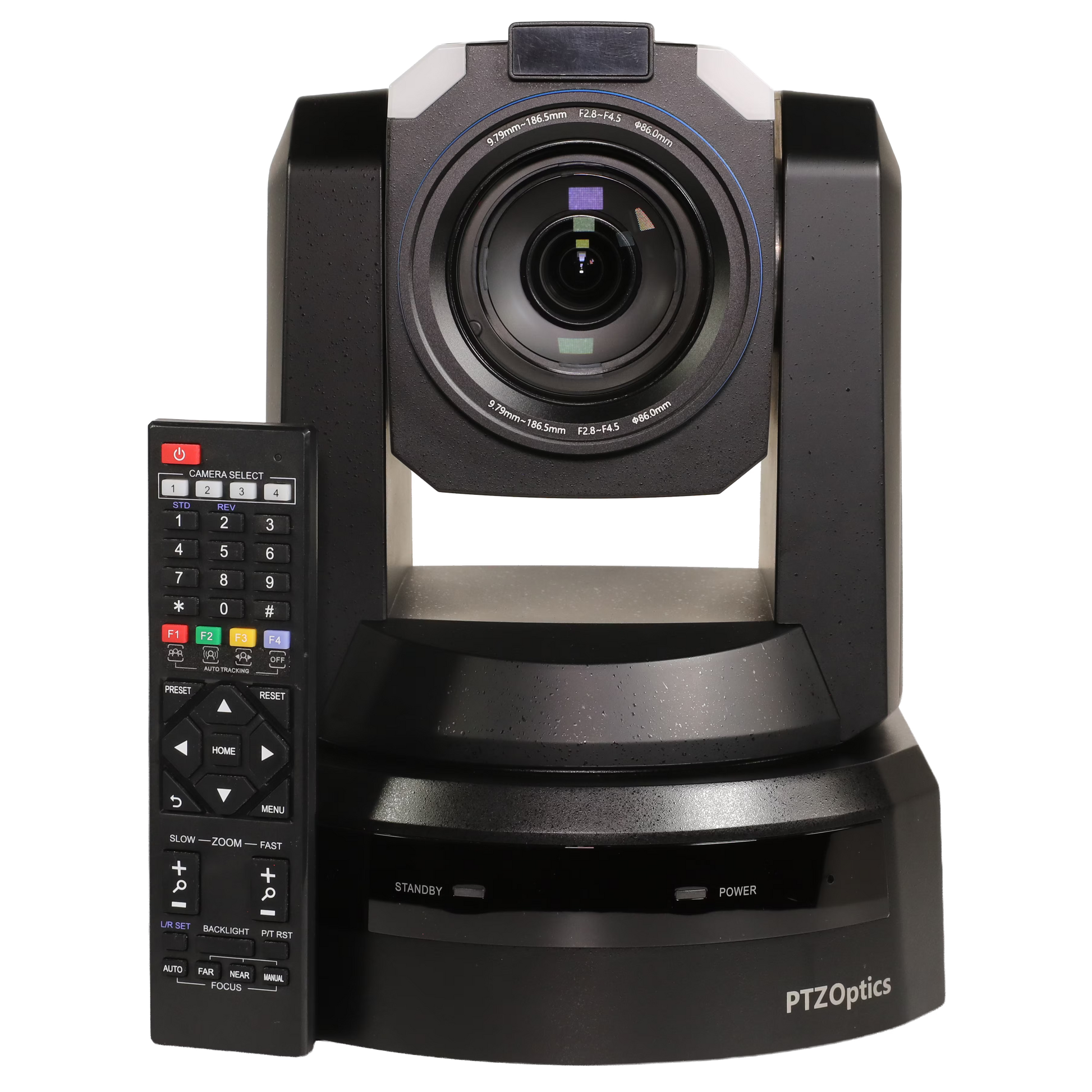PTZOptics video conference camera with a large front lens, black housing, and a matching remote control on a plain white background.