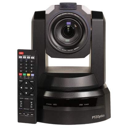 PTZOptics video conference camera with a large front lens, black housing, and a matching remote control on a plain white background.