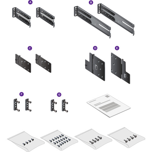 An exploded parts diagram showing multiple dark gray metal mounting brackets and hardware pieces labeled with letters A through O, plus instruction sheets at the bottom on a white background.