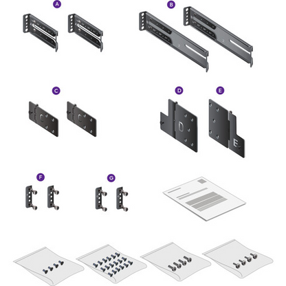 An exploded parts diagram showing multiple dark gray metal mounting brackets and hardware pieces labeled with letters A through O, plus instruction sheets at the bottom on a white background.
